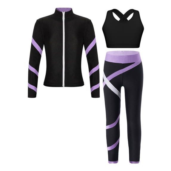 TiaoBug Kids Girls 3Pcs Sports Outfit Crop Top with Athletic Leggings Zipper Jacket Tracksuit Gym Set Black&Lavender 12