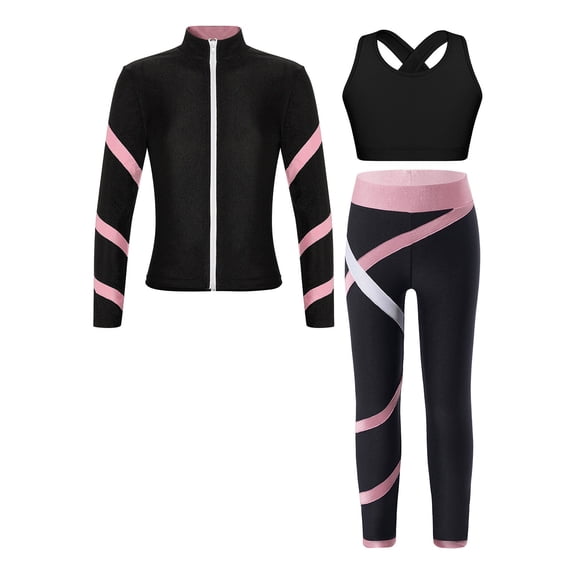 TiaoBug Kids Girls 3Pcs Sports Outfit Crop Top with Athletic Leggings Zipper Jacket Tracksuit Gym Set Black&Pink 16