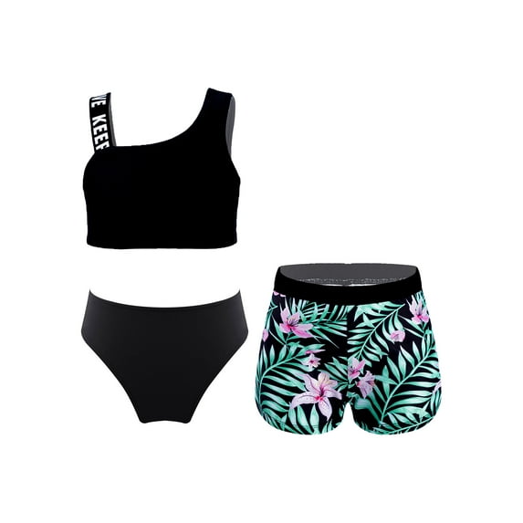 TiaoBug Kids Girls 3Pcs Swimsuit Set Asymmetric Crop Top with Printed Shorts and Briefs Beach Pool Swimming Bathing Suit Green 14