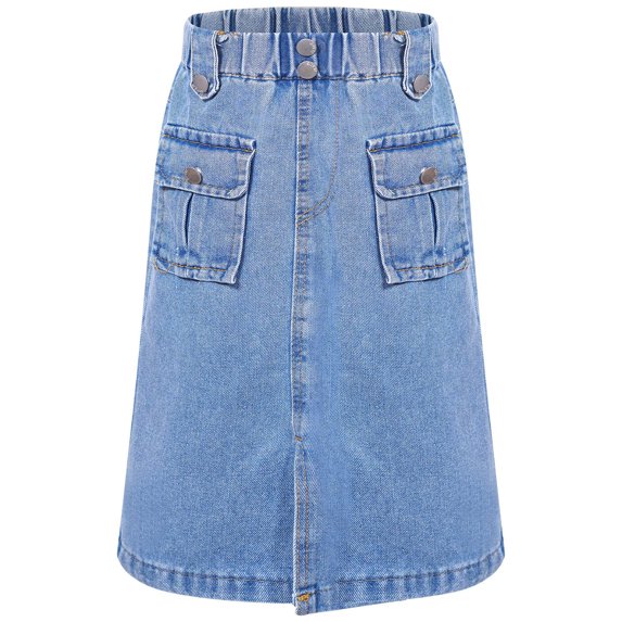 TiaoBug Kids Girls A-line Denim Skirts Split Elastic Waist Midi Cargo Jeans Skirt Skort Blue 5-6