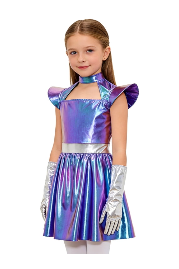 Kids Girls Alien Dress Metallic Cap Sleeve Mini Dress Alien Outerspace Robot Outfit with Gloves Set Iridescent 16