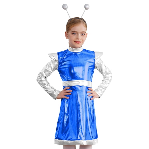 TiaoBug Kids Girls Alien Outerspace Dress-up Metallic Robot A Line Dress with Feeler Headband Royal Blue 16