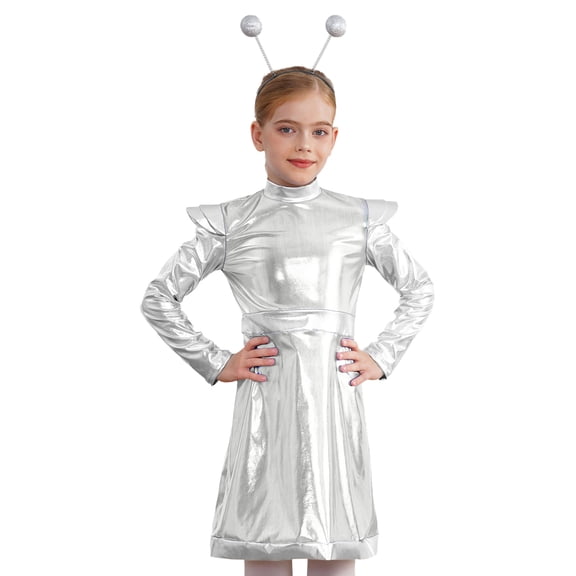 TiaoBug Kids Girls Alien Outerspace Dress-up Metallic Robot A Line Dress with Feeler Headband Silver 14