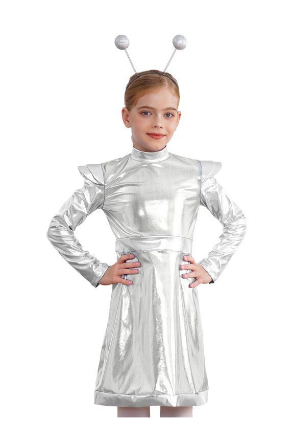 Kids Girls Alien Outerspace Dress-up Metallic Robot A Line Dress with Feeler Headband Silver 6