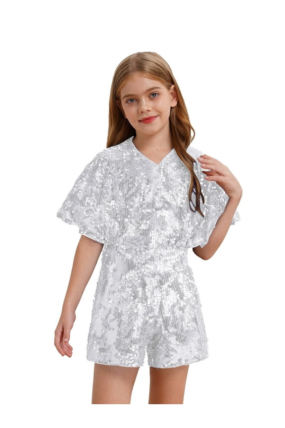 Kids Girls Allover Sequin Jumpsuit V-Neck Cap Sleeve Sparkly Pageant Party Dance Formal Romper Silver 6