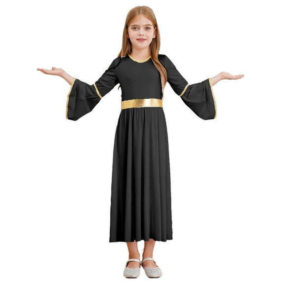 TiaoBug Kids Girls Angel Costume Maxi Ball Gowns Long Sleeve Princess Dress for Stage Party Black 8