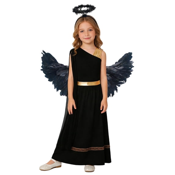 TiaoBug Kids Girls Angel Fancy Dress Outfit Set 3Pcs One Shoulder Toga Long Maxi Gown with Feather Wings & Headband Black B 8