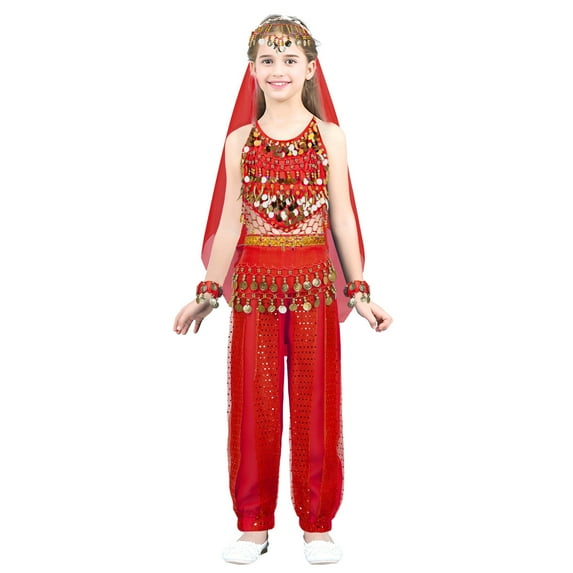 TiaoBug Kids Girls Arabian Princess Belly Dance Performance Outfit Sequins Halter Top Harem Pants Stage Set Red 4-5