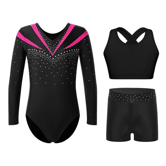 TiaoBug Kids Girls Athletic Dance Outfits Gymnastics Leotard Bra Crop Top with Booty Shorts Hot Pink 16