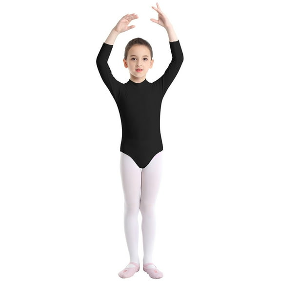 TiaoBug Kids Girls Athletic Gymnastics Leotard Long Sleeve Keyhole Back One Piece Ballet Dancewer Jumpsuit Black 7-8