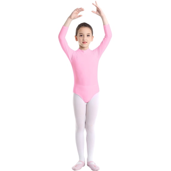 TiaoBug Kids Girls Athletic Gymnastics Leotard Long Sleeve Keyhole Back One Piece Ballet Dancewer Jumpsuit Pink 5-6