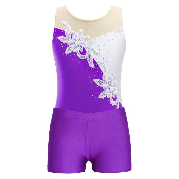 TiaoBug Kids Girls Athletic Ice Skating Dance Costume Sleeveless Rhinestone Floral Gymnastics Leotards with Shorts Dancewear Purple 14