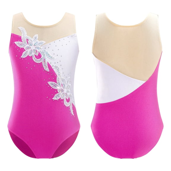 TiaoBug Kids Girls Ballet Dance Leotard Athletic Unitard Sequins Skating Bodysuit Rose 4