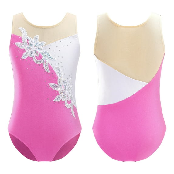 TiaoBug Kids Girls Ballet Dance Leotard Athletic Unitard Sequins Skating Bodysuit Pink 4