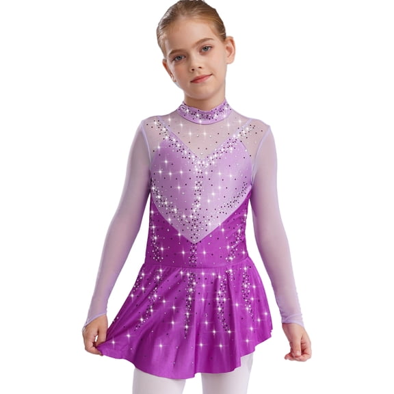 TiaoBug Kids Girls Ballet Dance Leotard Dress Figure Ice Skating Long Sleeve Mesh Lyrical Competition Dress Purple 8