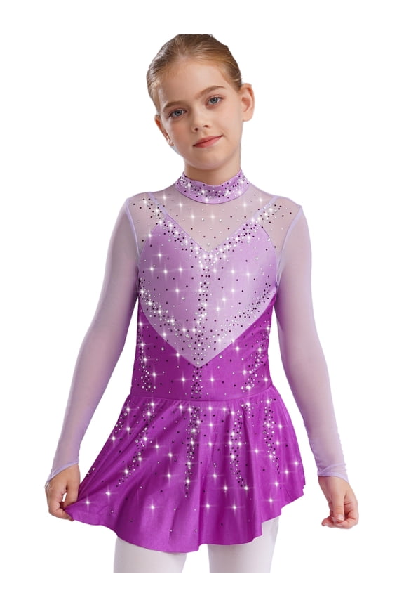 Kids Girls Ballet Dance Leotard Dress Figure Ice Skating Long Sleeve Mesh Lyrical Competition Dress Purple 8
