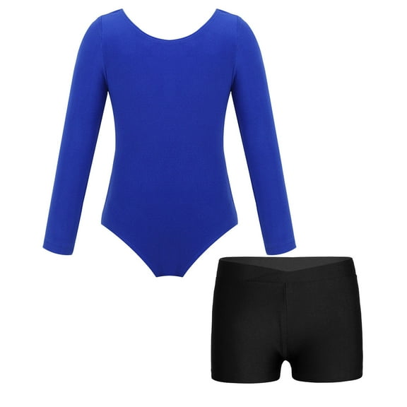 TiaoBug Kids Girls Ballet Dance Leotard Long Sleeve Gymnastics Bodysuit with Booty Shorts Set Dark Blue&Black 4