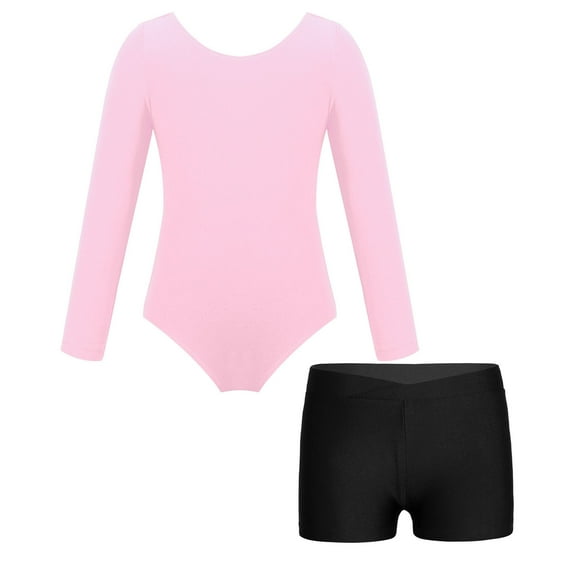 TiaoBug Kids Girls Ballet Dance Leotard Long Sleeve Gymnastics Bodysuit with Booty Shorts Set Pink&Black 3