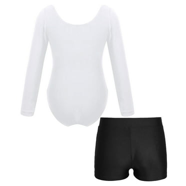 TiaoBug Kids Girls Ballet Dance Leotard Long Sleeve Gymnastics Bodysuit with Booty Shorts Set White&Black 3