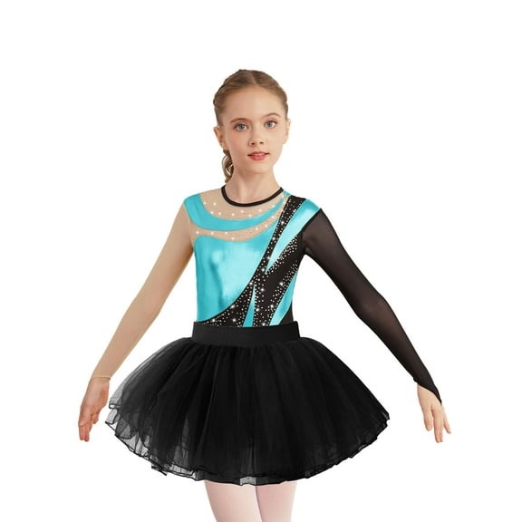 TiaoBug Kids Girls Ballet Dance Outfits Sparkle Long Sleeve Leotards with Tutu Skirt Figure Skating Performance Costume Turquoise&Black 6