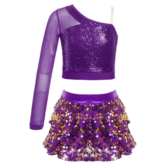 TiaoBug Kids Girls Ballet Dance Skirts Outfits Shiny One Shoulder Long Sleeve Crop Top with Skirts Jazz Performance Purple 16