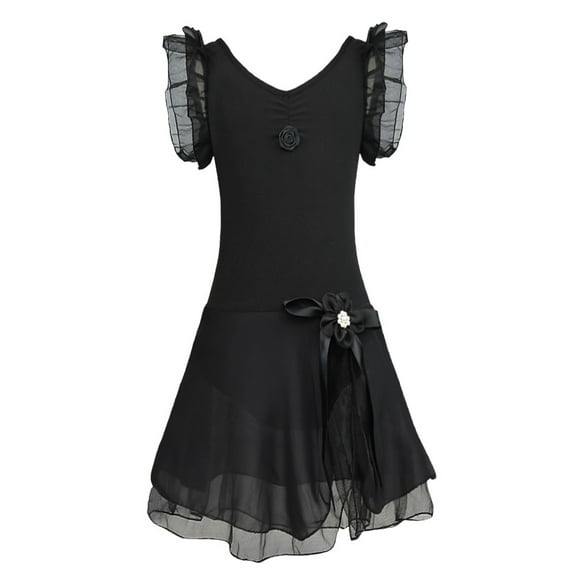 TiaoBug Kids Girls Ballet Dance Tutu Dress Gymnastics Dancewear Ruffled Short Sleeves V-Neck Leotard