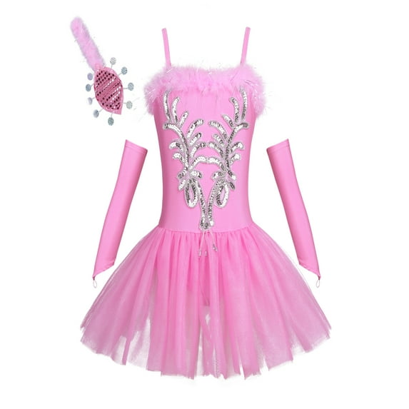 TiaoBug Kids Girls Ballet Dance Tutu Dress Sleeveless Sequined Beads Leotard with Fingerless Gloves Hair Clip Sets