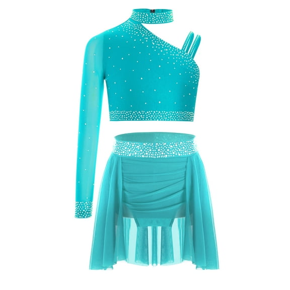 TiaoBug Kids Girls Ballet Lyrical Dance Outfits Shiny Rhinestones Crop Top and Skirt 2-Piece Set Blue Green 14