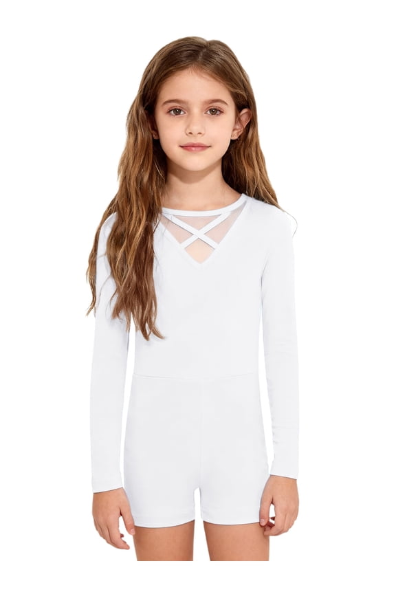 Kids Girls Basic Ballet Dance Leotard Long Sleeve Gymnastics Unitard Tumbling Biketard Ivory 6