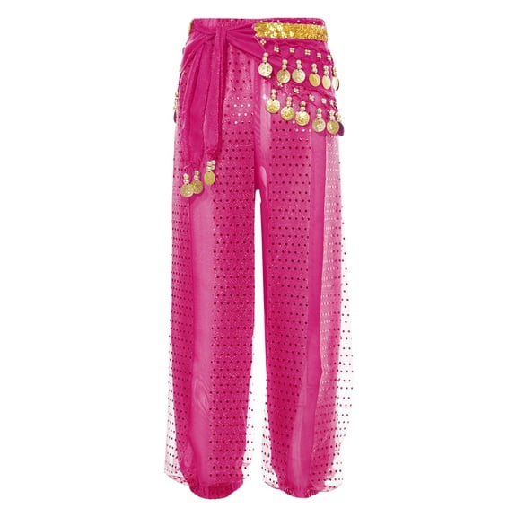TiaoBug Kids Girls Belly Dance Harem Pants Chiffon Bloomer Trousers with Tassels Waist Chain Hip Scarf Hot Pink 5-7