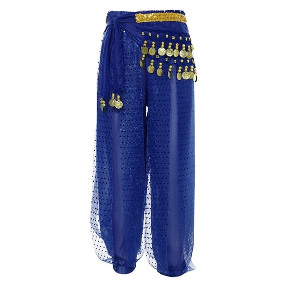 TiaoBug Kids Girls Belly Dance Harem Pants Chiffon Bloomer Trousers with Tassels Waist Chain Hip Scarf Royal Blue 9-12