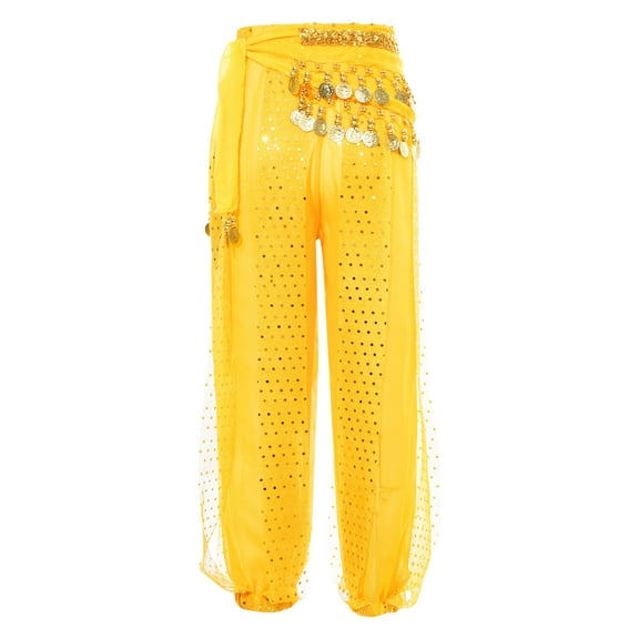 TiaoBug Kids Girls Belly Dance Harem Pants Chiffon Bloomer Trousers with Tassels Waist Chain Hip Scarf Yellow 7-9