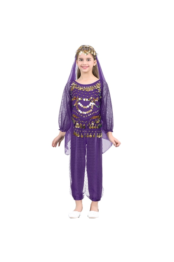 Kids Girls Belly Dance Outfits Halter Top Harem Pants Indian Carnival All Set Purple 11-12