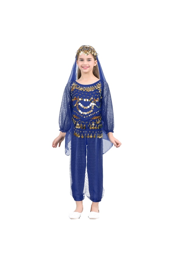 Kids Girls Belly Dance Outfits Halter Top Harem Pants Indian Carnival All Set Royal Blue 7-10