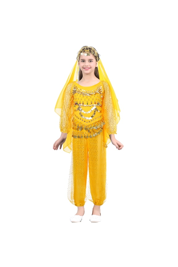 Kids Girls Belly Dance Outfits Halter Top Harem Pants Indian Carnival All Set Yellow 11-12