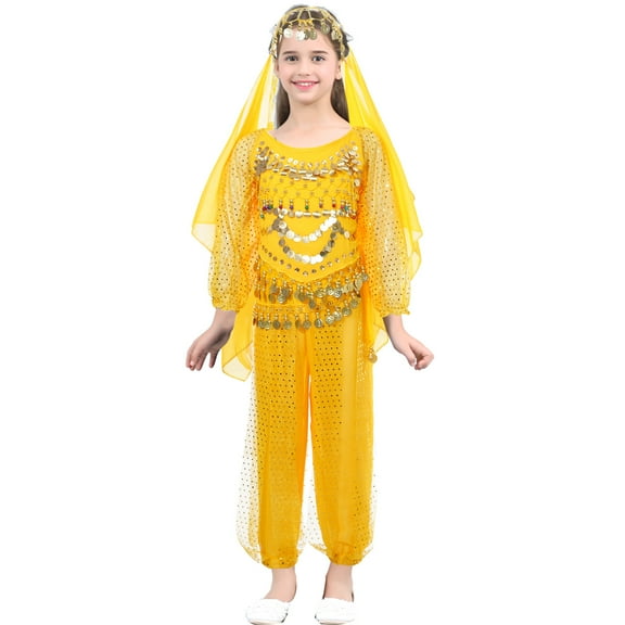 TiaoBug Kids Girls Belly Dance Outfits Halter Top Harem Pants Indian Carnival All Set Yellow 11-12