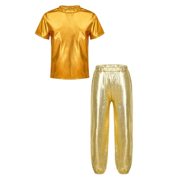 TiaoBug Kids Girls Boys Jazz Hip Hop Clothing Set Metallic T-shirt with Pant Street Ballet Dance Performance Costume Gold 14