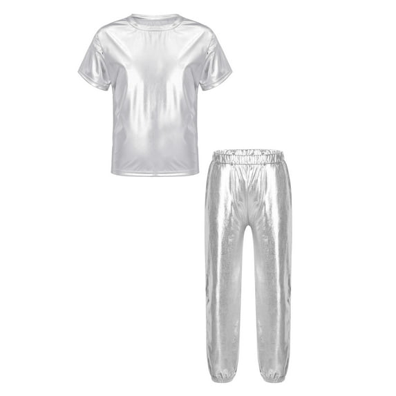 TiaoBug Kids Girls Boys Jazz Hip Hop Clothing Set Metallic T-shirt with Pant Street Ballet Dance Performance Costume Silver 16