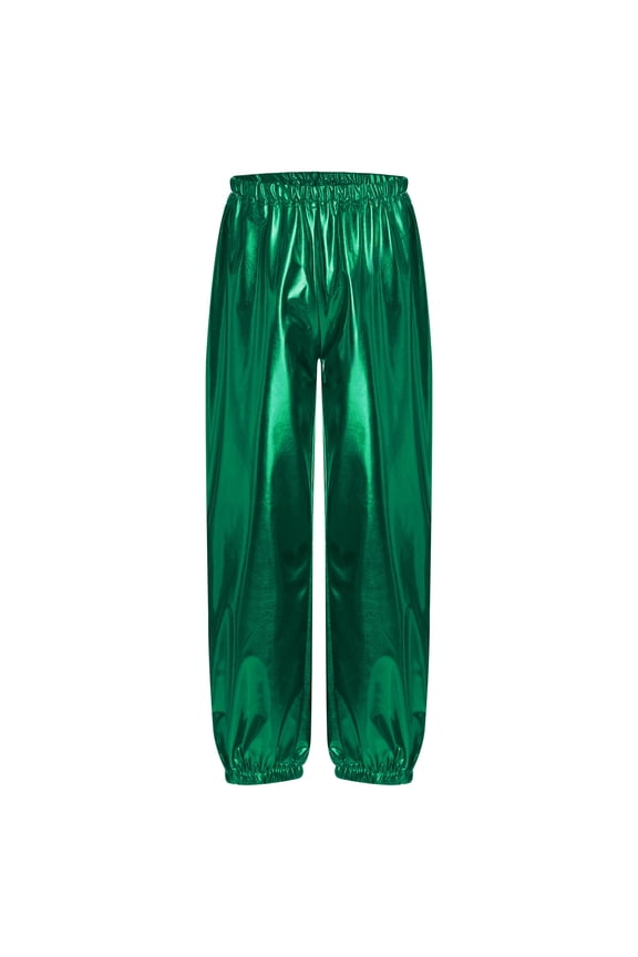 Kids Girls Boys Modern Jazz Hip Hop Dance Costumes Shiny Metallic Dance Pants Trousers Leggings Green 140