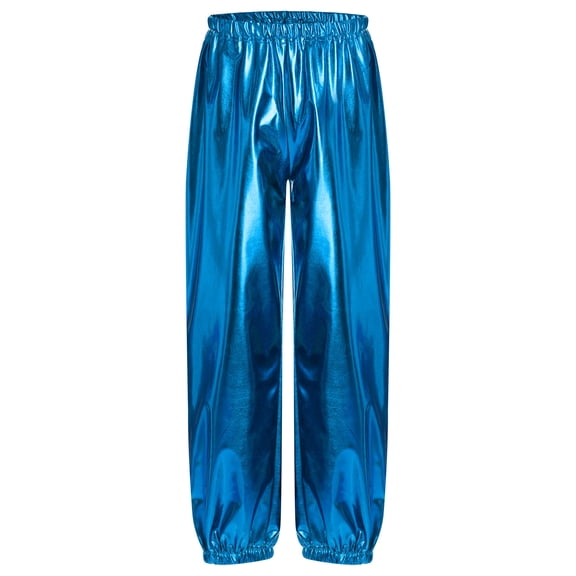 TiaoBug Kids Girls Boys Modern Jazz Hip Hop Dance Costumes Shiny Metallic Dance Pants Trousers Leggings Light Blue 140