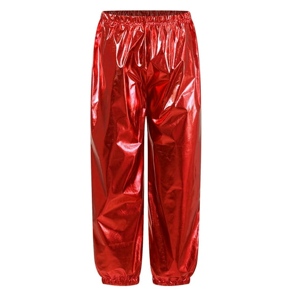 TiaoBug Kids Girls Boys Modern Jazz Hip Hop Dance Costumes Shiny Metallic Dance Pants Trousers Leggings Red 5-6