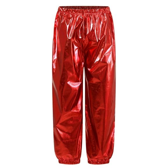 TiaoBug Kids Girls Boys Modern Jazz Hip Hop Dance Costumes Shiny Metallic Dance Pants Trousers Leggings Red 9-10