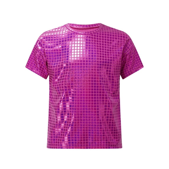 TiaoBug Kids Girls Boys Shiny Metallic Jazz Hip Hop Modern Ballet Dance Tops Short Sleeve T-Shirt Hot Pink 110