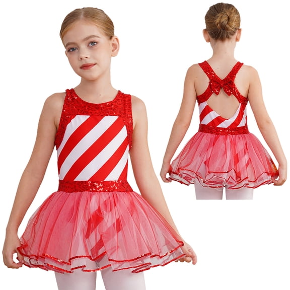 TiaoBug Kids Girls Candy Cane Striped Ballet Dance Leotard Figure Ice Skating Christmas Dress Red 6