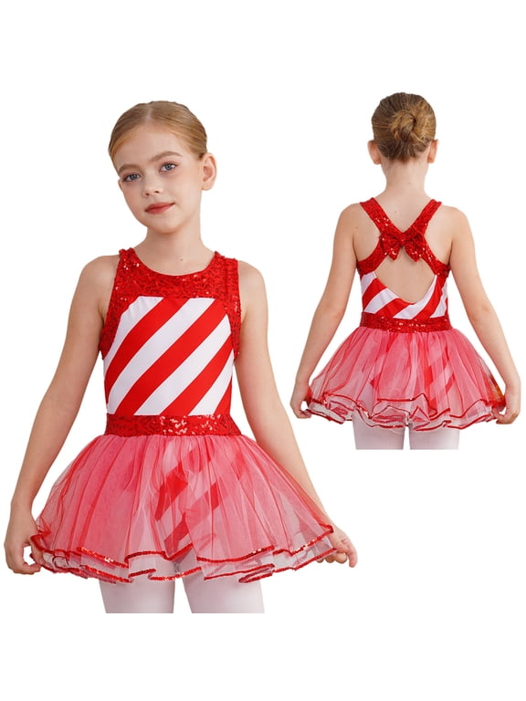Kids Girls Candy Cane Striped Ballet Dance Leotard Figure Ice Skating Christmas Dress Red 6