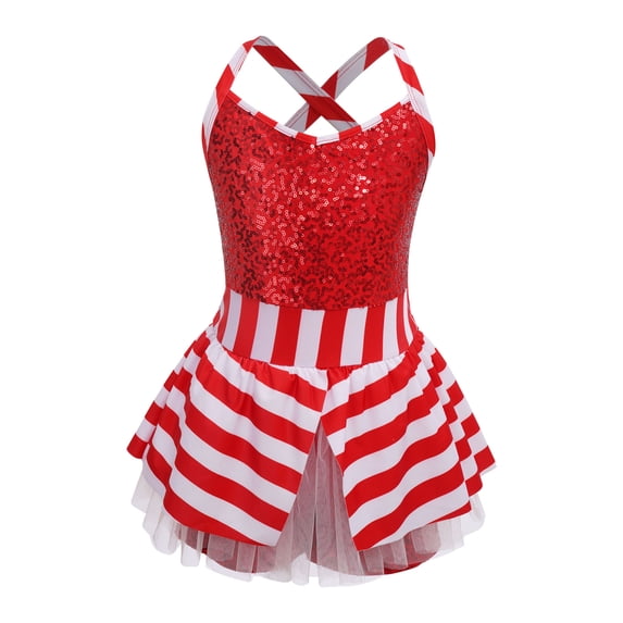 TiaoBug Kids Girls Candy Cane Striped Christmas Dance Figure Ice Skating Tutu Dress Leotard Red 8