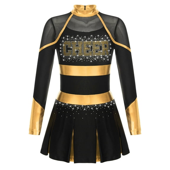 TiaoBug Kids Girls Cheer Costume Shiny Metallic Rhinestones Long Sleeve Cheerleading Dance Dress Black&Gold 8