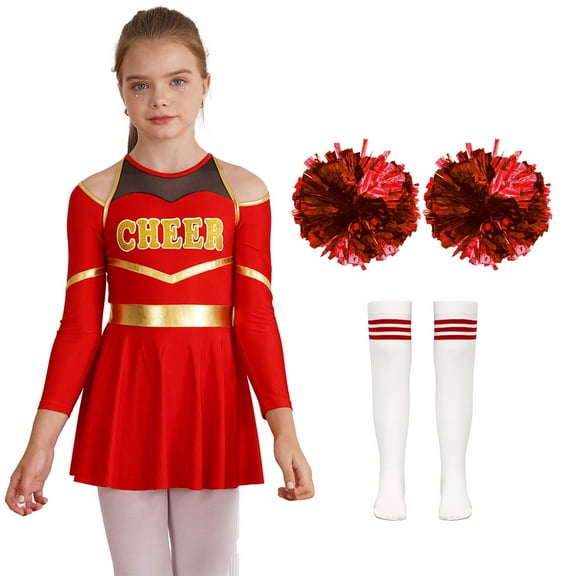 TiaoBug Kids Girls Cheer Leader Carnival Party Costume Cheerleading Uniform Dress and Pom Pom Socks Set A Red 14