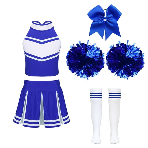 TiaoBug Kids Girls Cheer Leader Costume Cheerleading Halloween Uniform Top with Pleated Skirt Hair Tie Socks A Blue 10