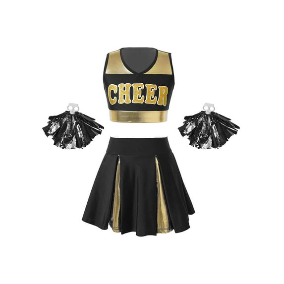 TiaoBug Kids Girls Cheer Leader Costume School Uniform Cheerleading Dancewear Tank Top Pleated Skirt with Pompoms Black 10